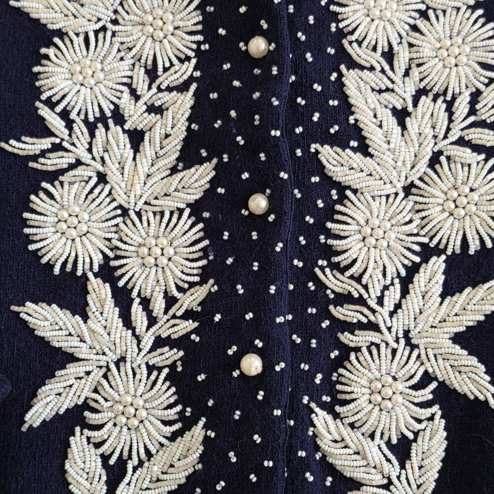 Vtg Embellished Beaded 1960s Cardigan Womens 44 L Blue Lined Floral Art To Wear - Picture 16 of 16
